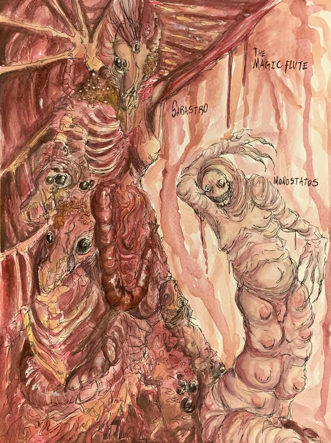 monostatos, who is now a fleshy grub, and sarrastro. watercolor + micron + gloss medium for wetness